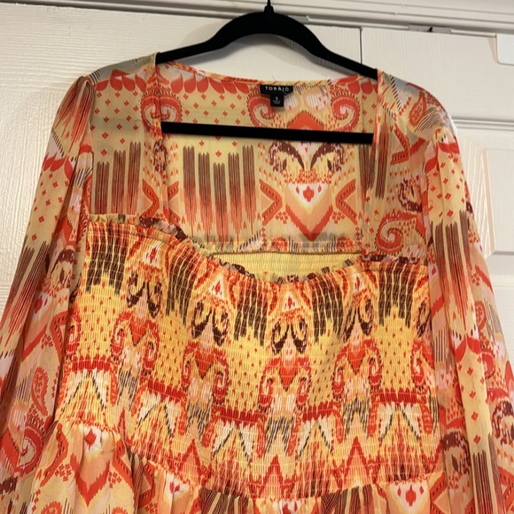 Torrid bright yellow orange Aztec print sheer 3/4 sleeve tunic top smocked 3X - Picture 3 of 8